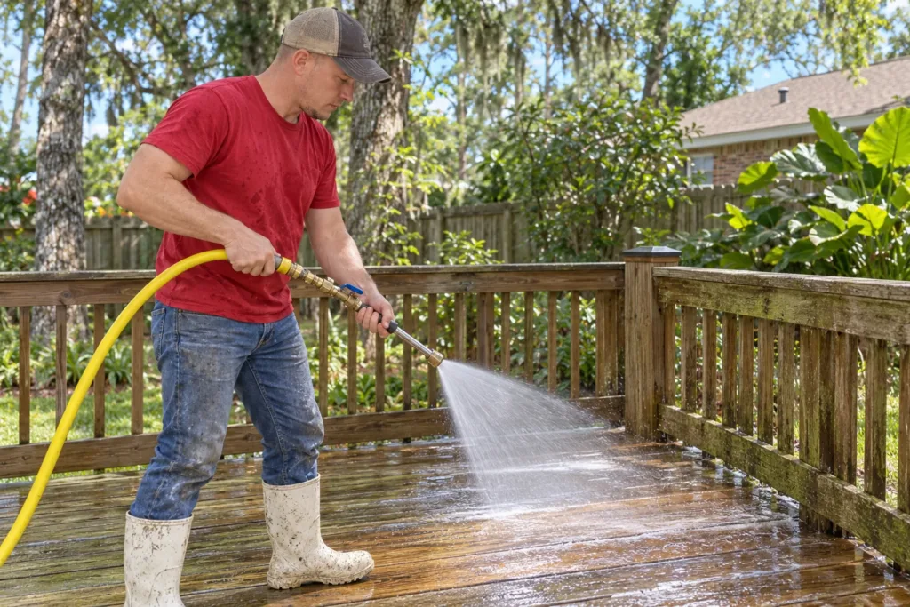 AI-generated illustration of Jimmy cleaning a wood deck in white work boots