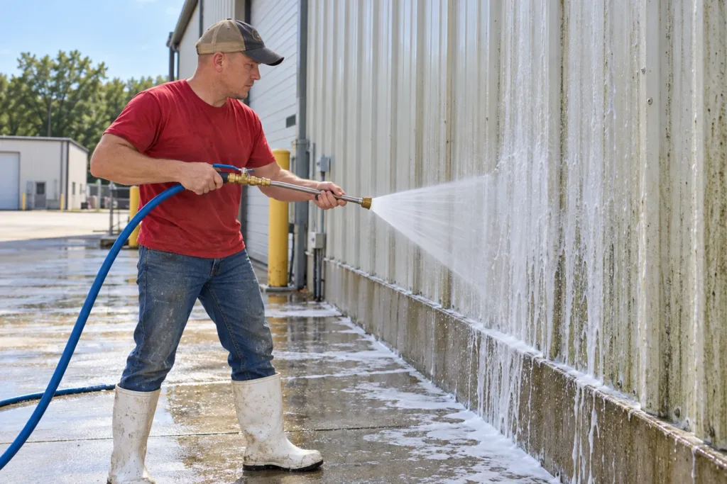 AI-generated illustration of Jimmy cleaning metal siding on a commercial building