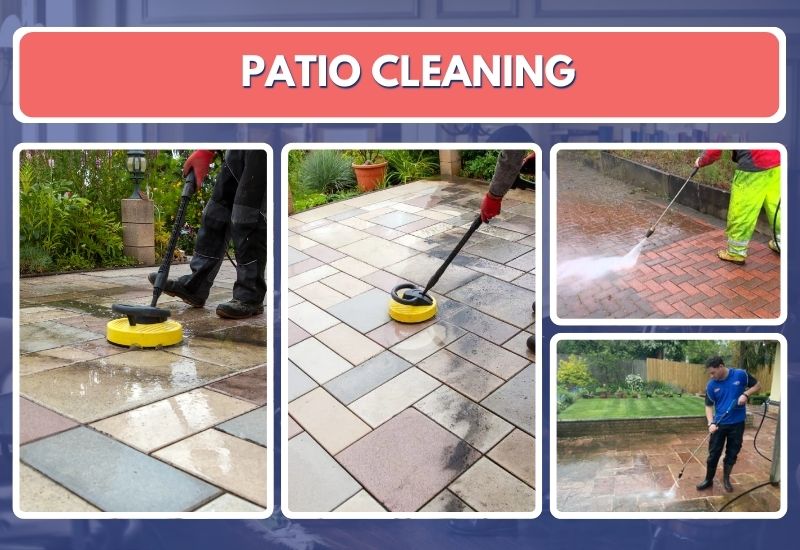 Four-panel stock photo collage titled 'Patio Cleaning' showing surface cleaner attachments on paver and brick patios