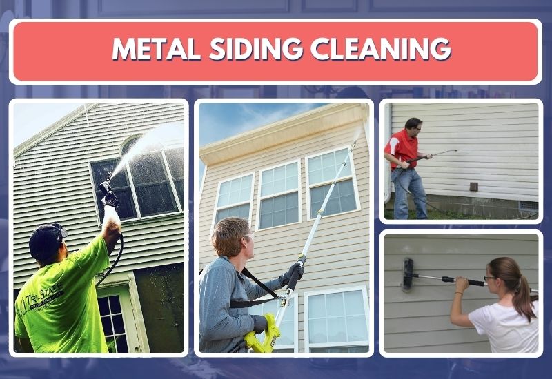 Four-panel stock photo collage titled 'Metal Siding Cleaning' showing pressure washing of metal and vinyl siding on a two-story home