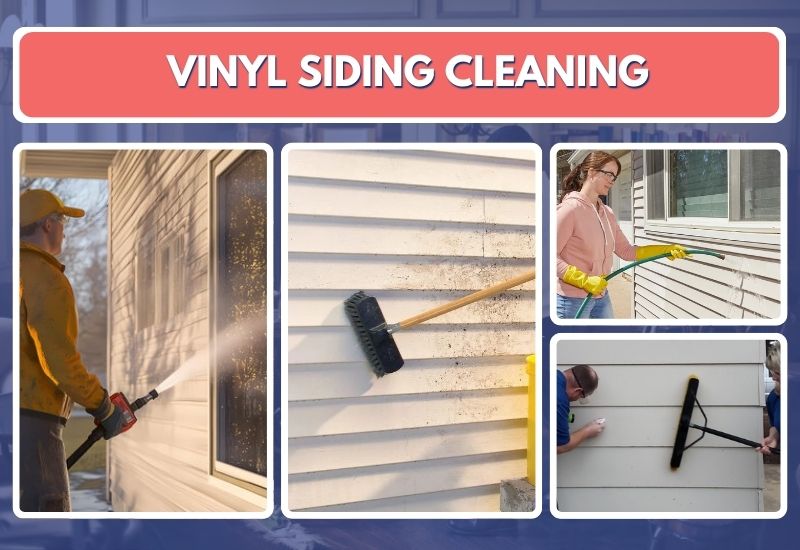 7 Four-panel stock photo collage titled 'Vinyl Siding Cleaning' showing pressure washing and hand-brush cleaning of vinyl siding