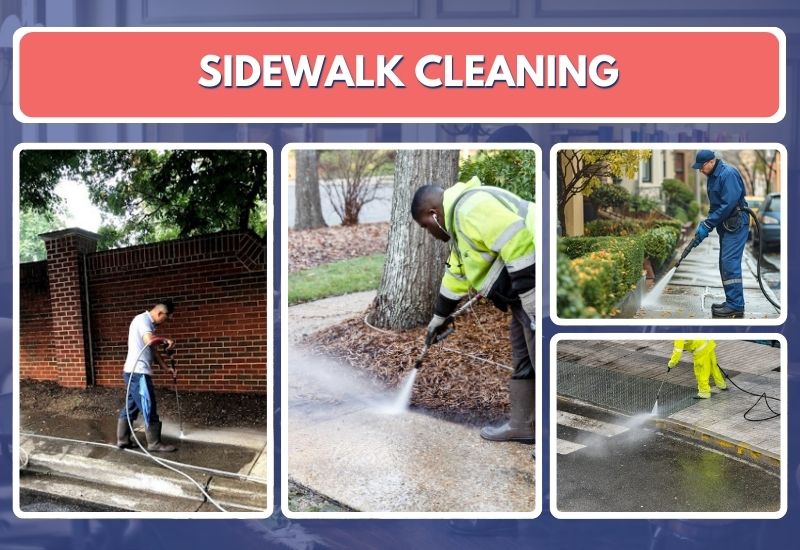 9 Four-panel stock photo collage titled 'Sidewalk Cleaning' showing pressure washing of brick, leaf-covered, and paved sidewalks