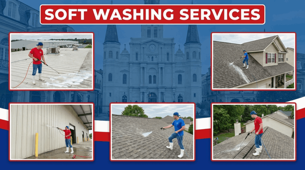 Soft washing services in New Orleans by CoKo’s Pressure Washing using safe low-pressure exterior cleaning