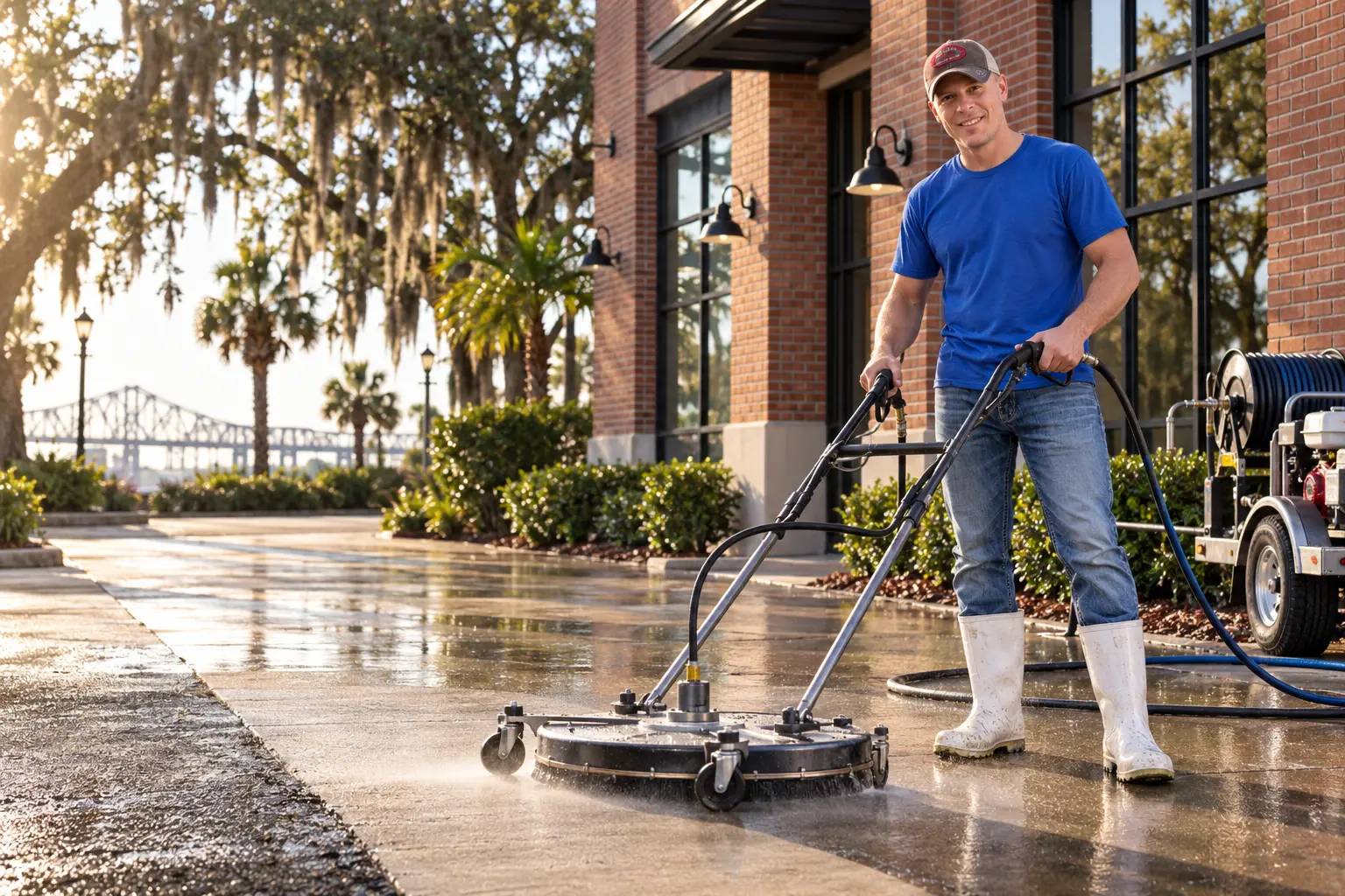 Jimmy of CoKo's Pressure Washing surface cleaning a commercial property in the New Orleans area
