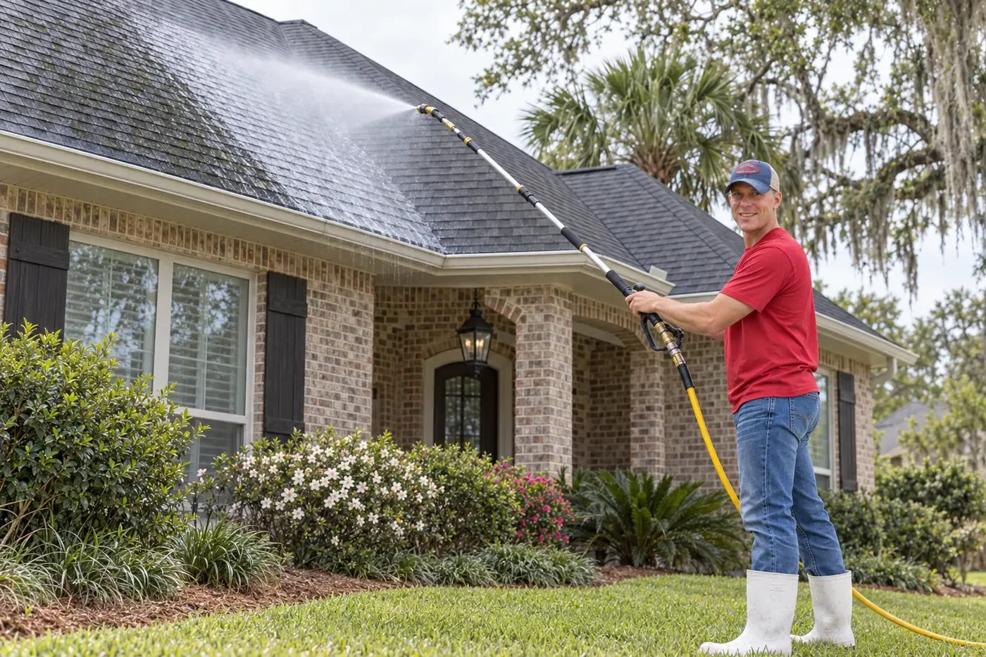 Jimmy of CoKo's Pressure Washing soft washing an asphalt-shingle roof at a Louisiana home