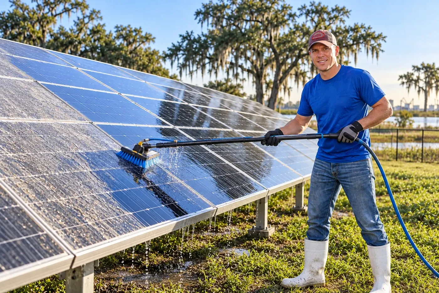 Jimmy of CoKo's Pressure Washing cleaning a ground-mounted solar panel array near New Orleans