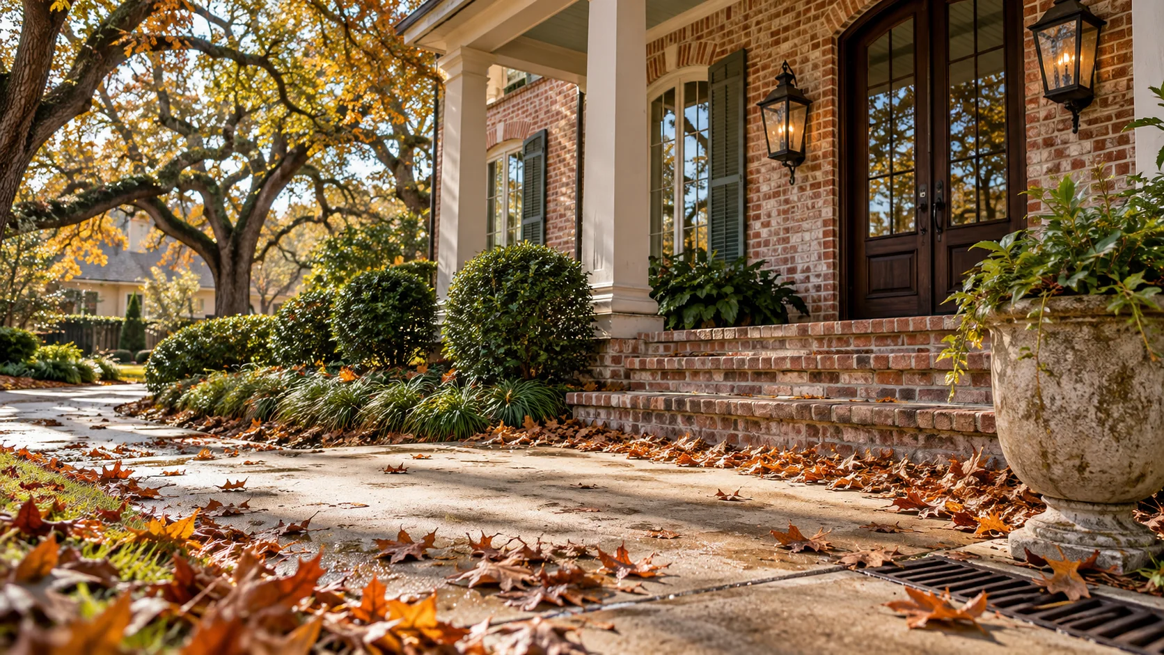 Generated editorial illustration: Louisiana brick home in autumn with oak leaves near a concrete entrance