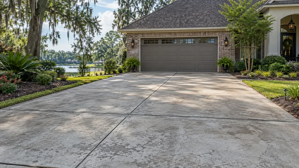 Generated editorial illustration: wide residential concrete driveway in Louisiana with garage and landscaped edges