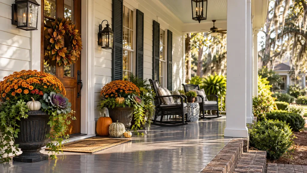 Generated editorial illustration: Louisiana home porch with painted siding and restrained autumn decorations