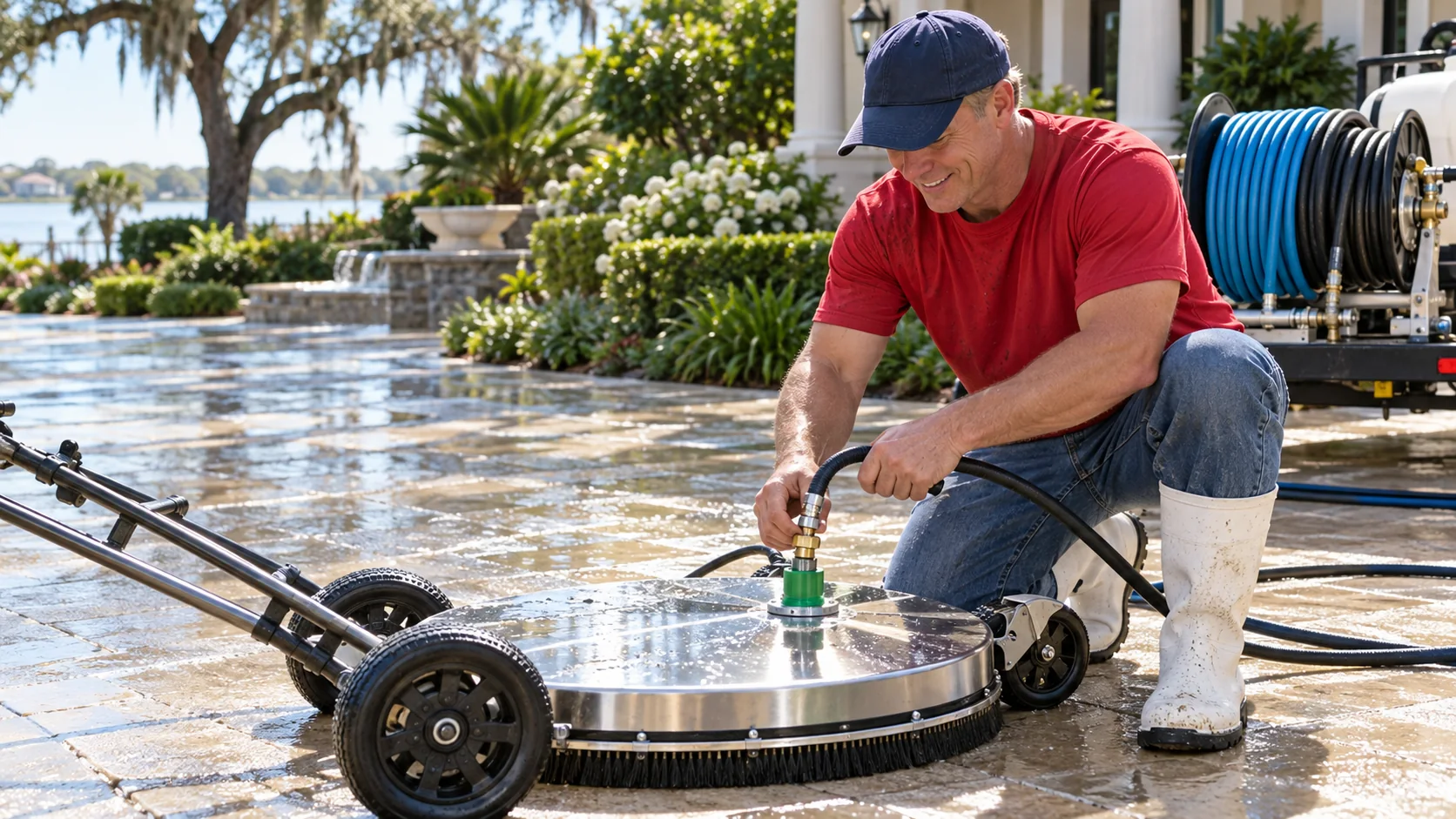 CoKos about exterior cleaning illustration Generated illustration of Jimmy with professional exterior cleaning equipment in Louisiana