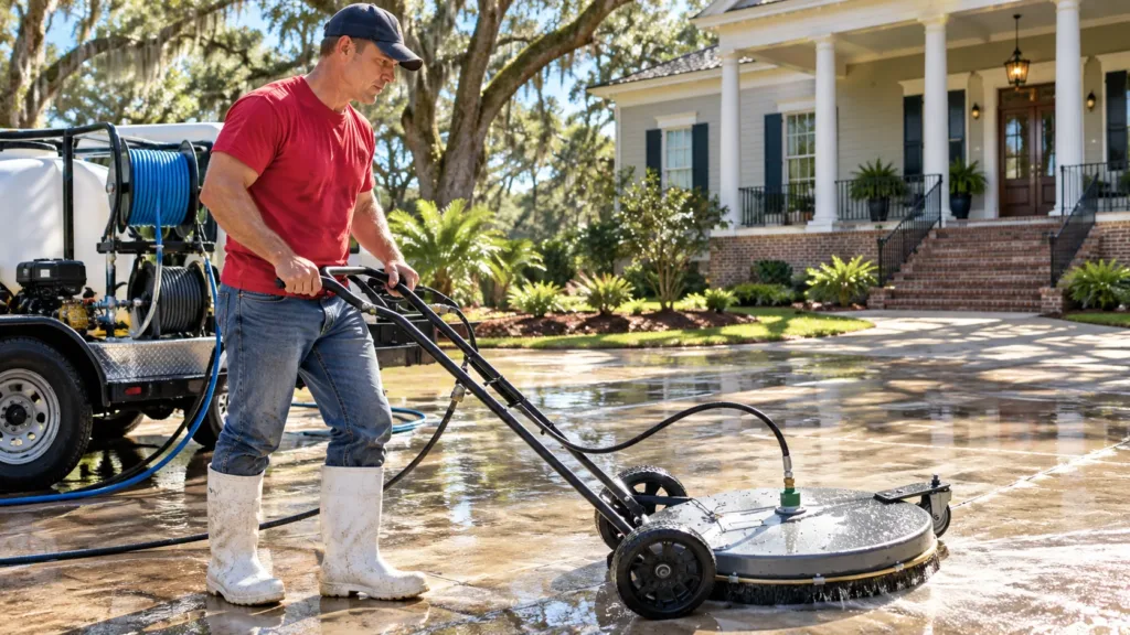 Generated illustration of Jimmy carrying out concrete surface cleaning in Greater New Orleans