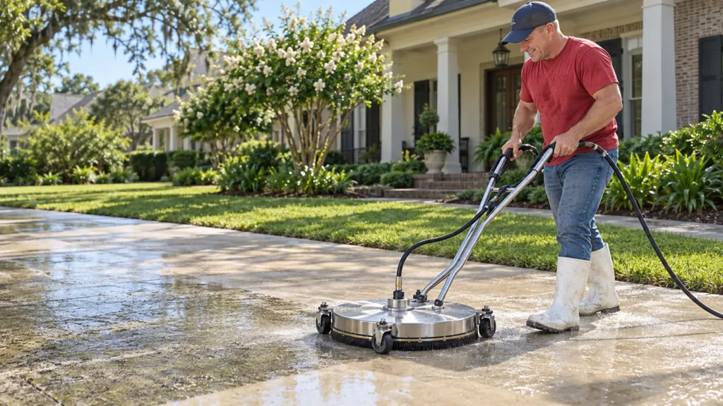 Generated illustration of Jimmy using a professional surface cleaner on a Louisiana driveway