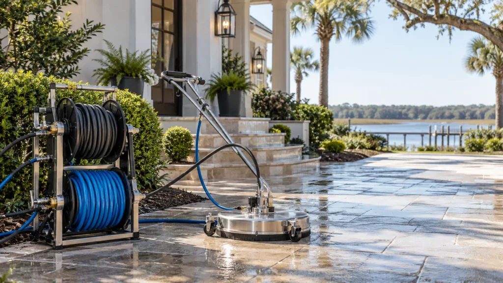 Illustration: Rotary surface cleaner and hose reels on a waterfront patio