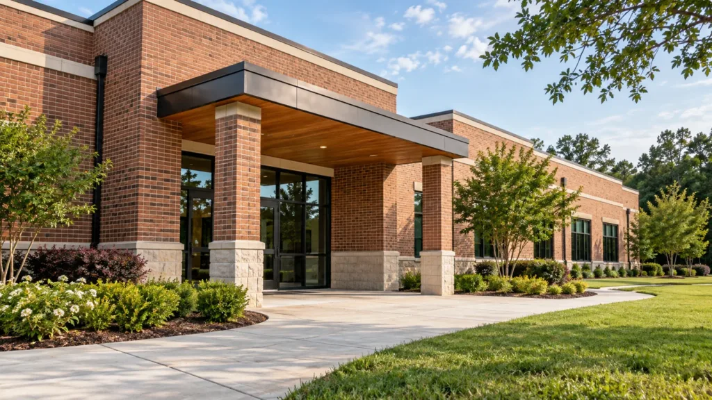 Illustration: Brick commercial building with covered entrances and concrete frontage
