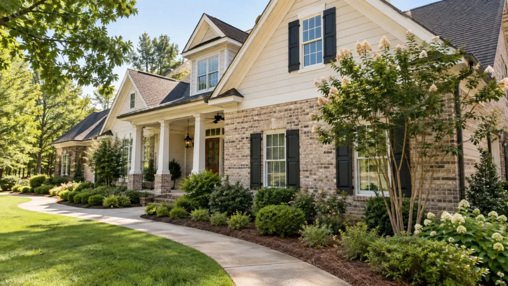 Illustration: Light-colored house exterior and landscaped front walkway