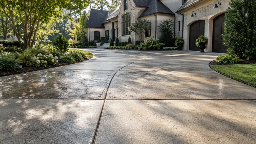 Illustration: Concrete driveway leading to a house and double garage