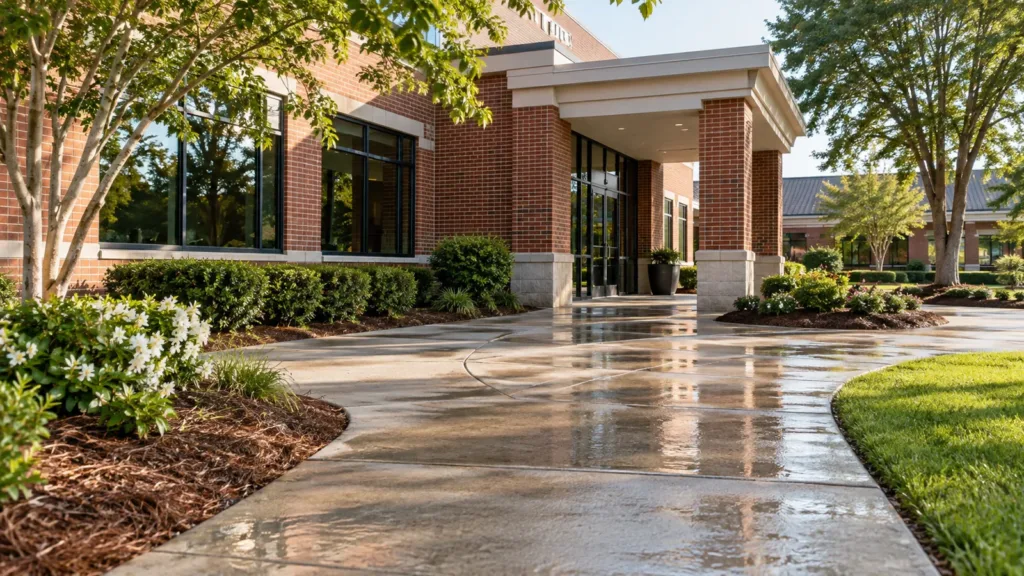 Illustration: Wet concrete driveway and entrance outside a brick commercial building