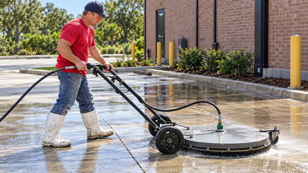 Illustration: Worker in a red shirt and white boots cleaning concrete outside a brick building