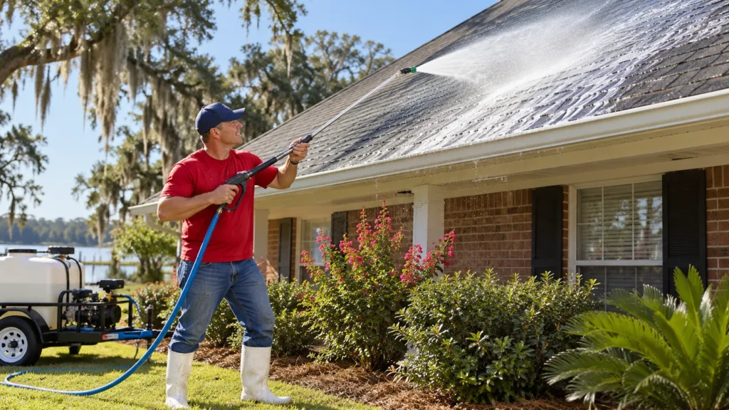 AI-generated illustration of roof soft washing at a Louisiana home
