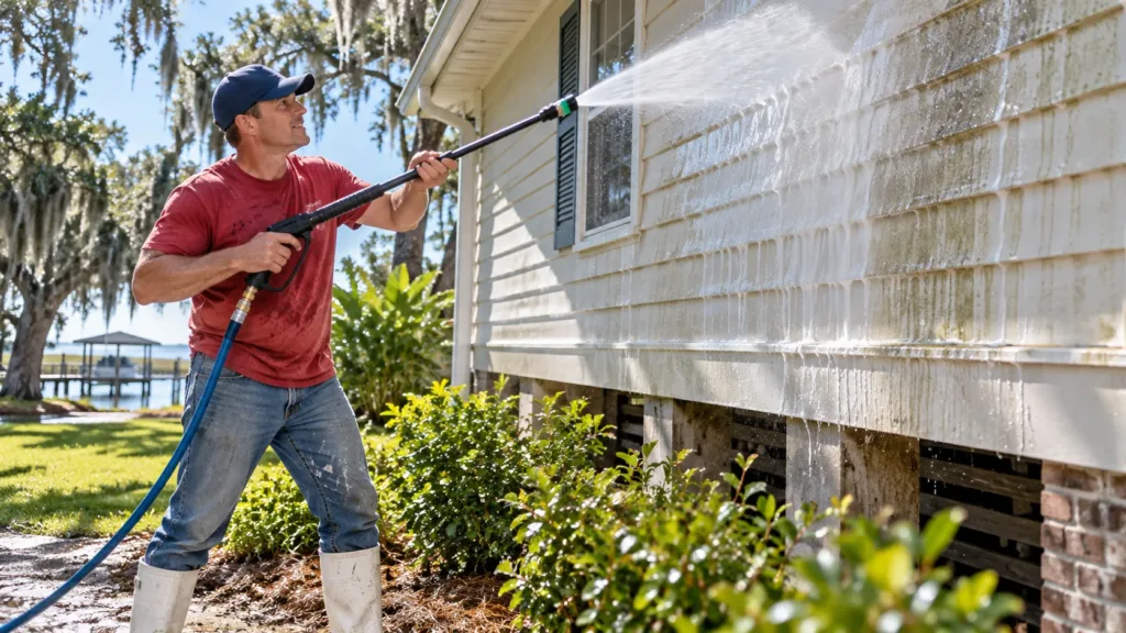 AI-generated illustration of house siding soft washing in Greater New Orleans